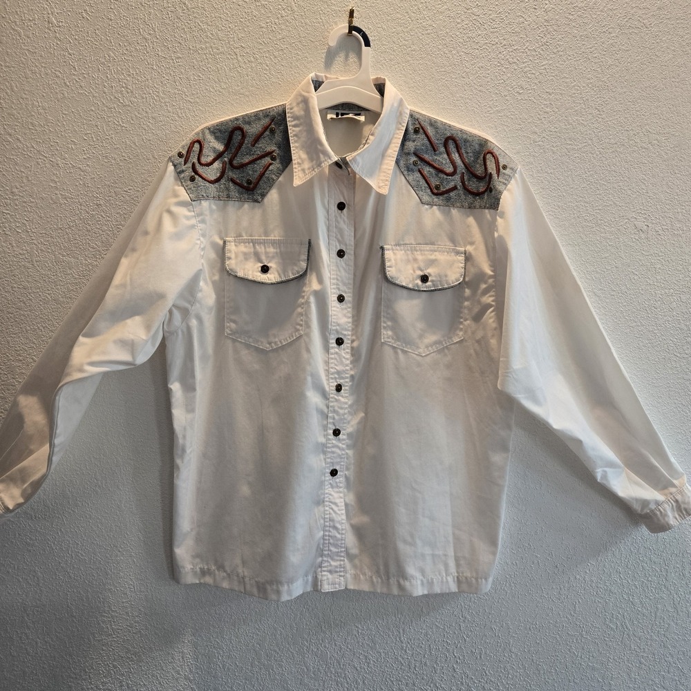Vintage JEZ California Western Shirt White Denim Yoke Embroidered Studded...